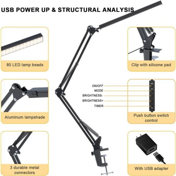LED Desk Lamp for Home Office, Clamp-On with 5 Light Modes & Auto Shut Off - Picture 5 of 7